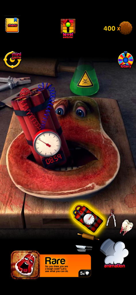 The Steak: Charlie Animations - Il personaggio Charlie the Steak con un pacco di dinamite in bocca