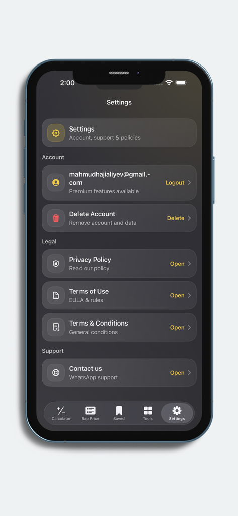 El menú de configuración de la aplicación móvil Calcular Precio Diamante mostrando los detalles de la cuenta e información legal