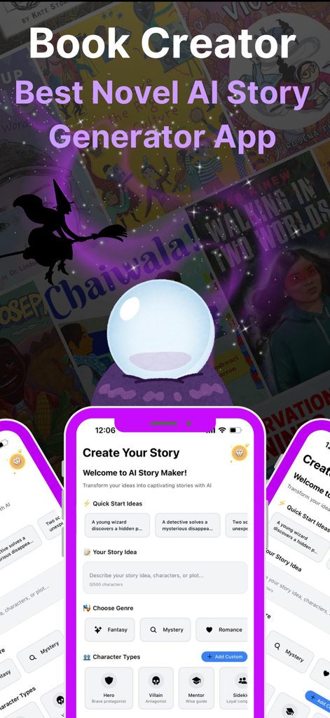 AI Storyteller: Book Creator - AI Storyteller Book Creator app interface showing story creation tools with genre and character customization options