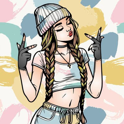 realistic teenage girl with braids and a beanie and crop top doing 🫶🏼