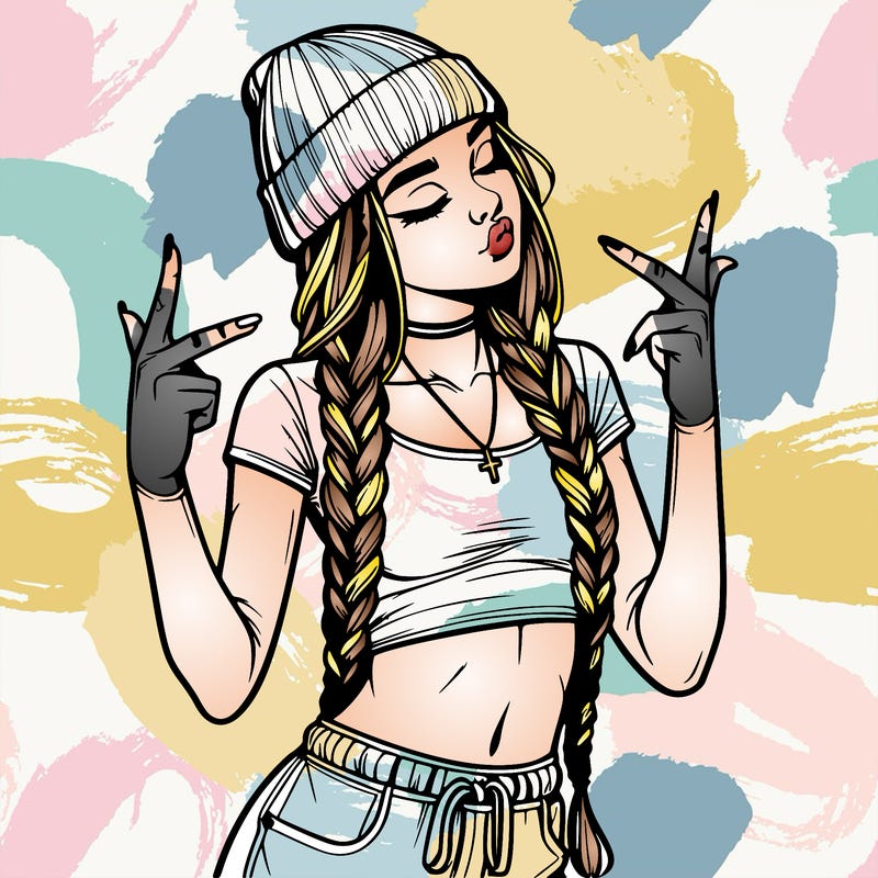 realistic teenage girl with braids and a beanie and crop top doing 🫶🏼