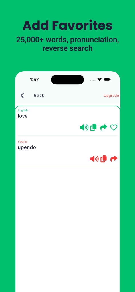 Interfaz de la aplicación Diccionario Suajili que muestra la traducción de 'love' a 'upendo' con iconos de pronunciación y para añadir a favoritos