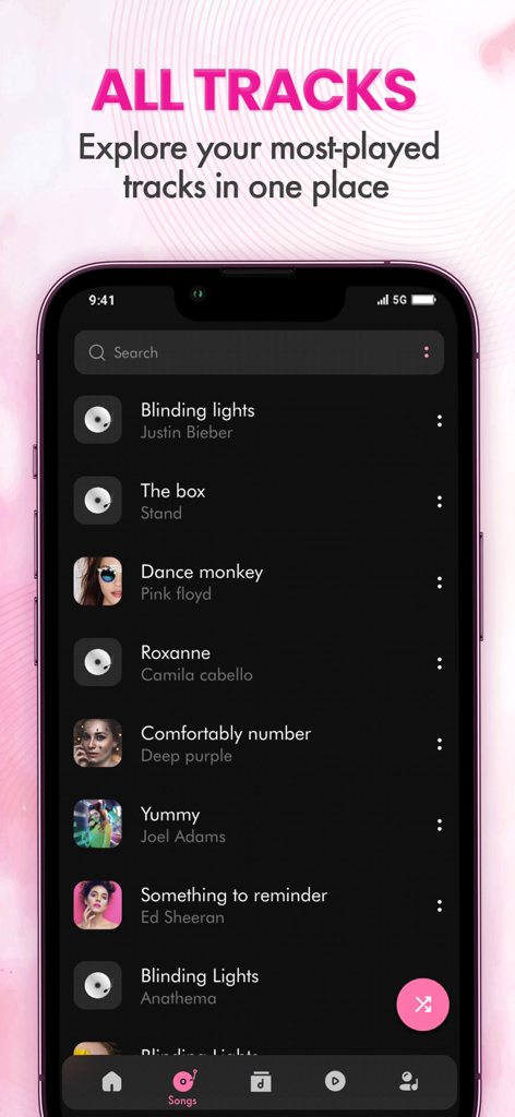 offline music player - songs - Interfaz de la aplicación reproductor de música sin conexión que muestra la lista de todas las pistas en modo oscuro