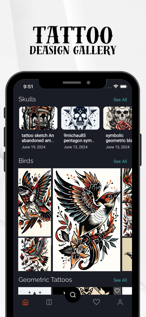 Tattoo Design AR Art Drawing - Tattoo design gallery with various art styles like birds and skulls