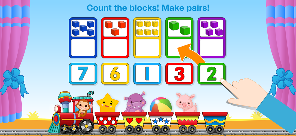 Un juego preescolar de contar y emparejar números para niños con bloques de colores y un tren de juguete