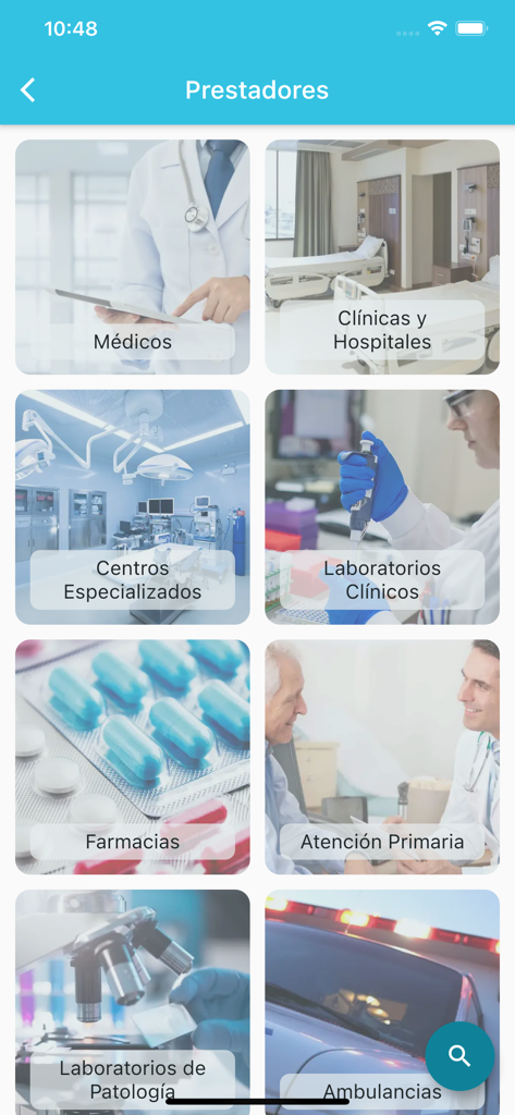 ARS Renacer - Captura de pantalla de la aplicación ARS Renacer que muestra un directorio de proveedores de servicios de salud que incluye médicos, hospitales, farmacias y laboratorios.