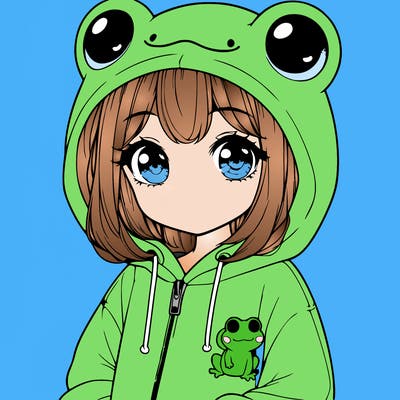 cute realistic girl in a froggy hoodie
