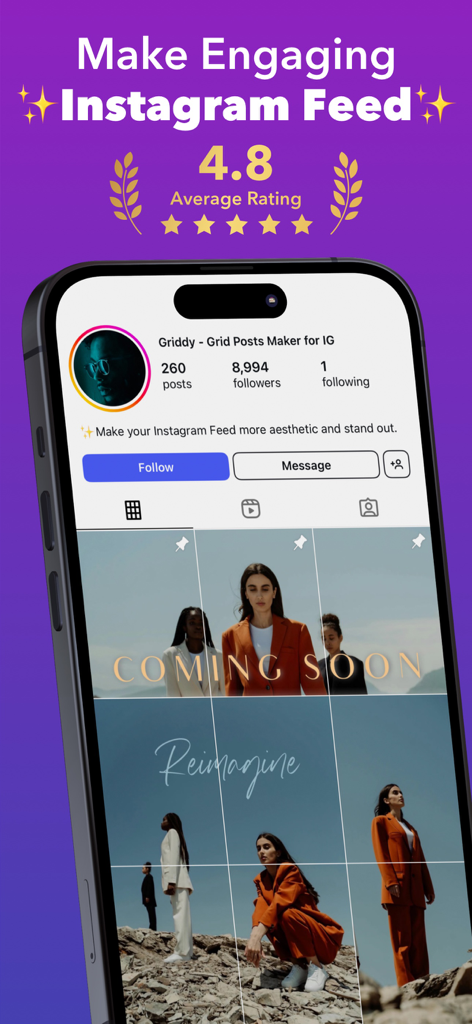 Griddy: Split Photo Grid Posts - A phone displaying a professional Instagram grid feed layout created with the Griddy app