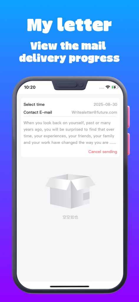 Pantalla de smartphone que muestra el progreso de entrega de correo y un mensaje de carta al futuro dentro de la aplicación SMS 2Number