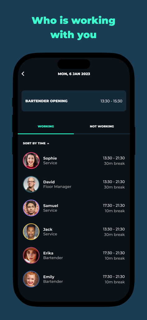 Employee Scheduling by BLEND - シフト中の勤務従業員のリストと、その役割および時間を示すモバイルアプリ画面。
