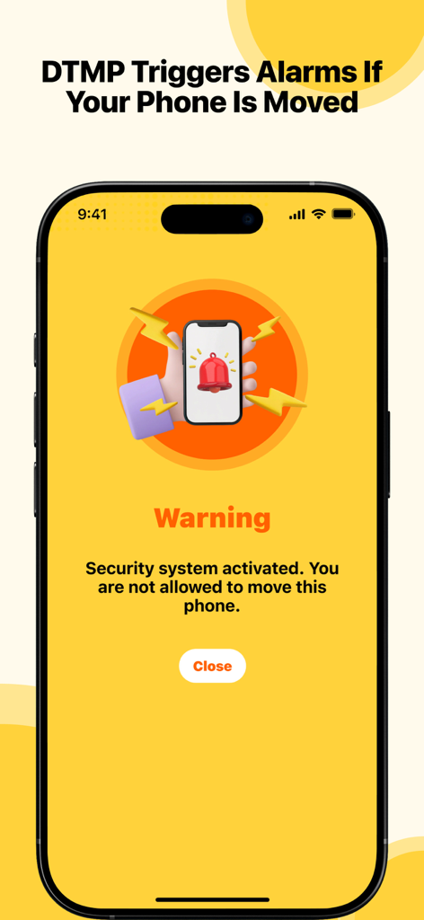 AntiLost app warning screen showing a triggered motion alarm on an iPhone