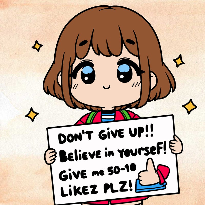 a cute girl holding a poster that says "don't give up! believe in yourself! give me 50-100 likes plz!!"