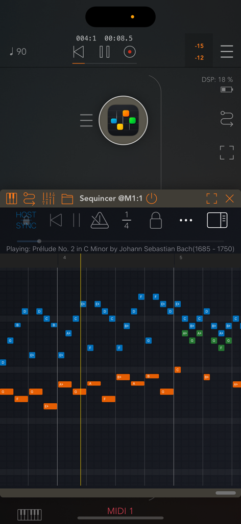 Interfaz de un secuenciador MIDI multipista basado en cuadrícula para móvil, mostrando un piano roll con bloques de notas de colores y controles de transporte.