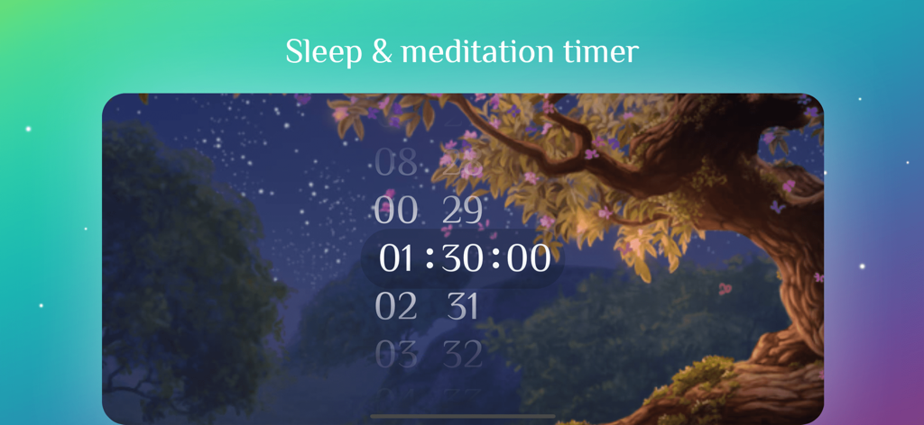 Sleep and meditation timer interface of the Away app featuring a 3D illustration of a tree under a starry night sky