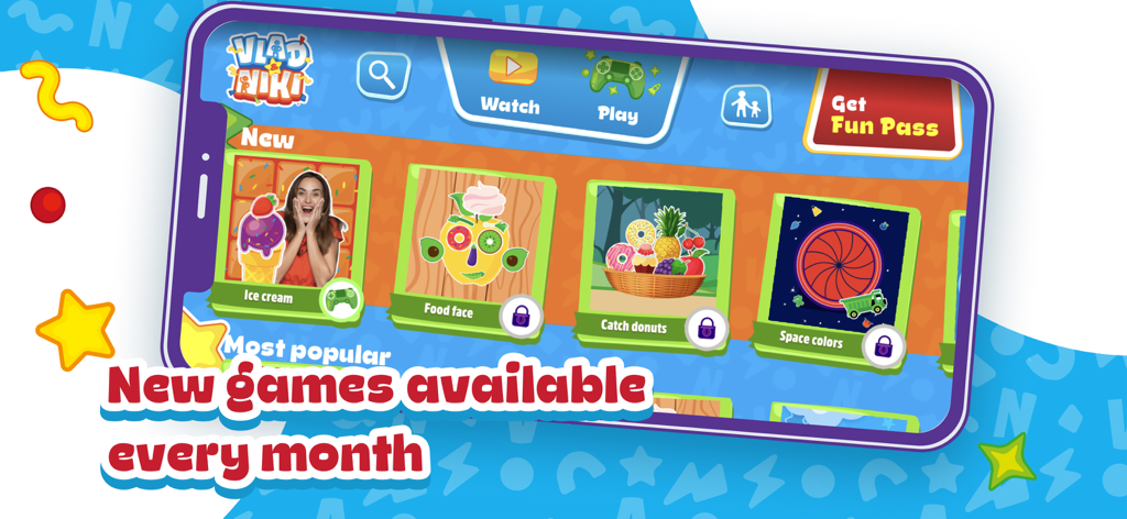 Vlad & Niki - games & videos - The game selection menu of the Vlad and Niki app featuring various mini games for children.