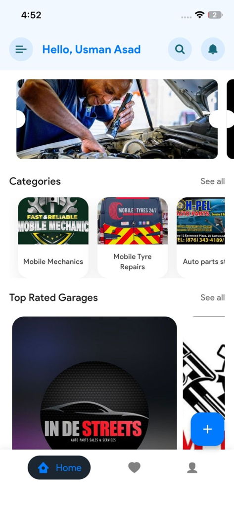 Interface de l'application Mechanic Connect montrant les catégories de services automobiles et les garages locaux les mieux notés