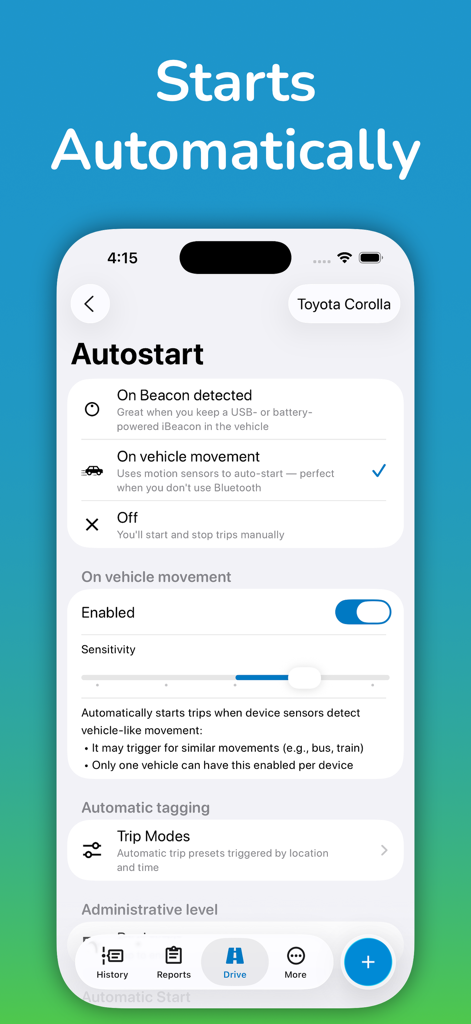 Motolog Mileage Tracker - Motolog app interface showing autostart settings for automatic trip tracking and motion sensitivity