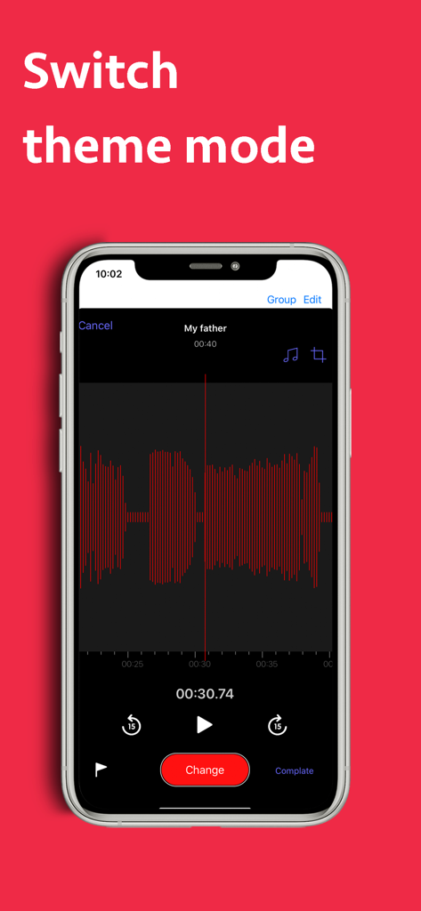 Voice Recorder - Memo + Editor - Interface do aplicativo Gravador de Voz apresentando um tema escuro e uma forma de onda de áudio vermelha em um iPhone