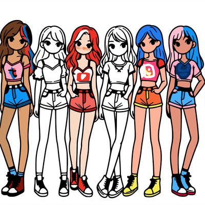 a group of girls wearing crop tops and shorts