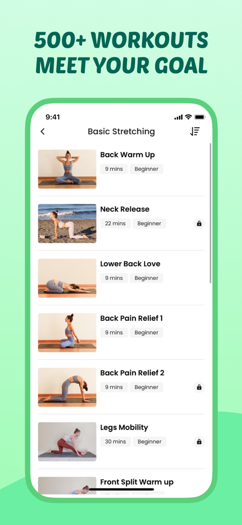 Stretch+Flexibility~Bend Flex - Una lista de ejercicios básicos de estiramiento para espalda, cuello y piernas en la interfaz de la aplicación Bend Flex