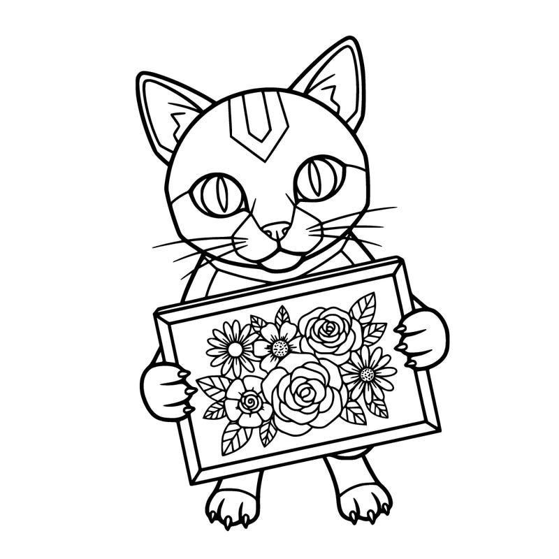 ai cat holding a picture of flowers