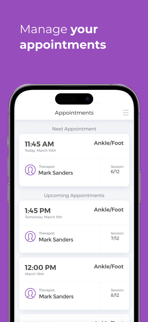 Screenshot of the Luna Physical Therapy app interface showing a list of upcoming appointments for ankle and foot therapy sessions