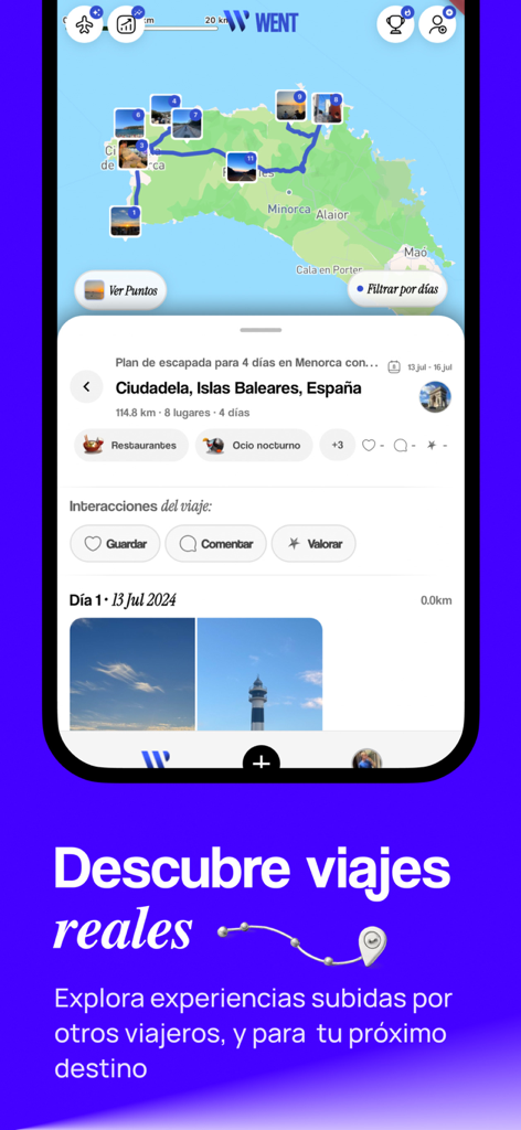 Went App interface showing an interactive travel route on a map and a detailed trip itinerary for Menorca.