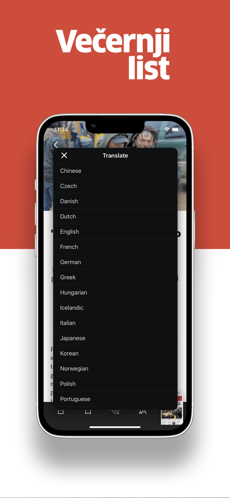 Večernji list e-novine - Translation menu showing a list of languages in the Vecernji list news app.