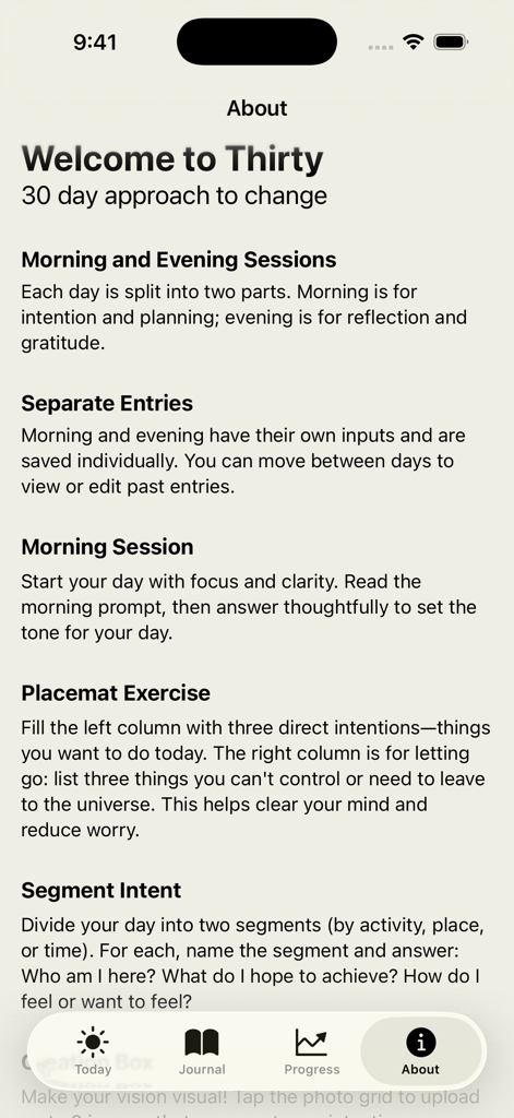 30thirty - The about screen of the 30thirty app explaining its 30 day approach to change and morning and evening sessions.