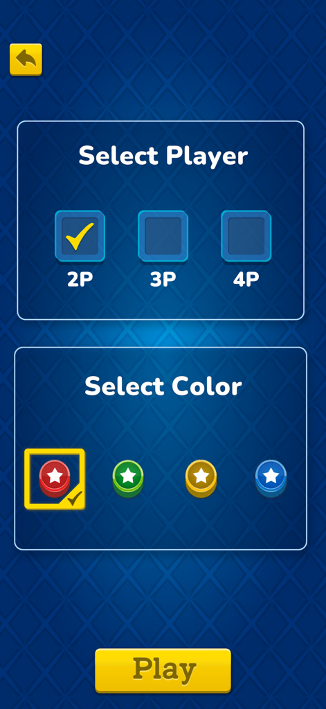 Menú de selección de jugador y color para el clásico juego de mesa Parchís
