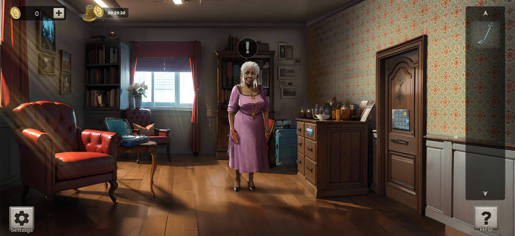 퍼즐 키패드가 있는 잠긴 문과 노인 여성 환자가 있는 정신병원의 빈티지 방