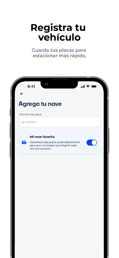 Parkea PTY - Mobile app screen for registering a vehicle license plate in the Parkea PTY parking application