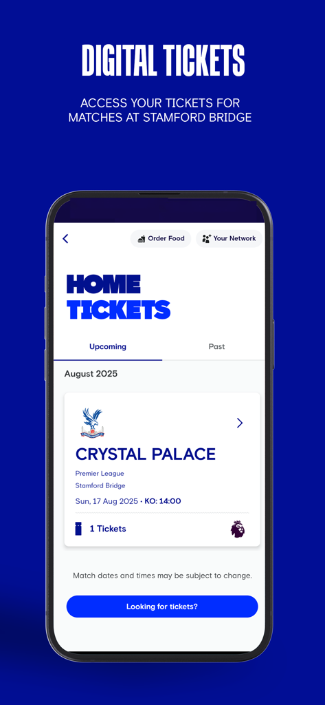 Digital tickets interface on the Chelsea Official App showing a match ticket for Stamford Bridge.