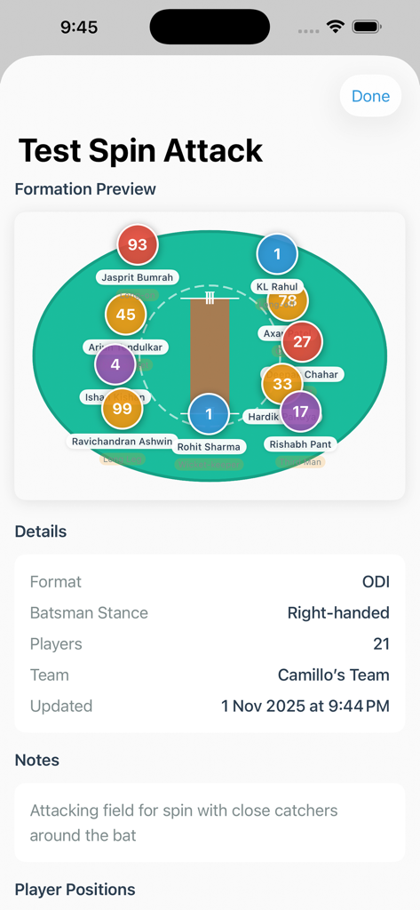 Cricket Fielding - Vista previa detallada de una formación de fielding de cricket para una estrategia de ataque de spin que muestra las posiciones de los jugadores en el campo.