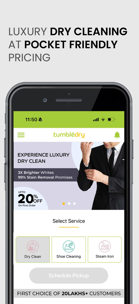 Tumbledry Dry Clean & Laundry - Interface de l'application Tumbledry montrant des services de nettoyage à sec de luxe et de nettoyage de chaussures