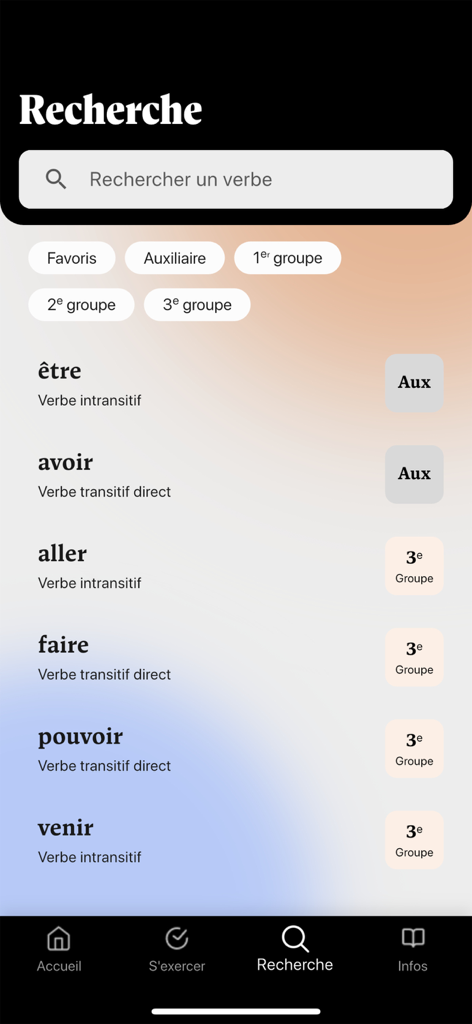 French conjugation! - Pantalla de búsqueda de la aplicación de conjugación francesa que muestra una lista de verbos comunes y filtros de grupo.
