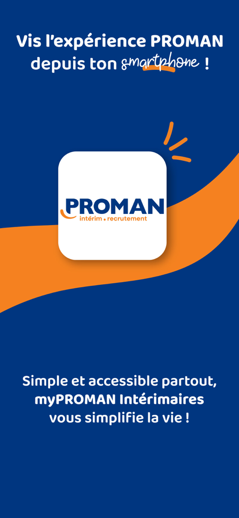 myPROMAN Intérimaires - Splash screen for myPROMAN mobile app with company logo and recruitment information