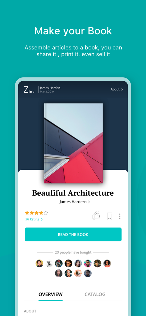 Uno screenshot dell'app Zine che mostra un libro digitale intitolato Architettura Bellissima con un pulsante Leggi il Libro e la cronologia degli acquisti dell'utente.