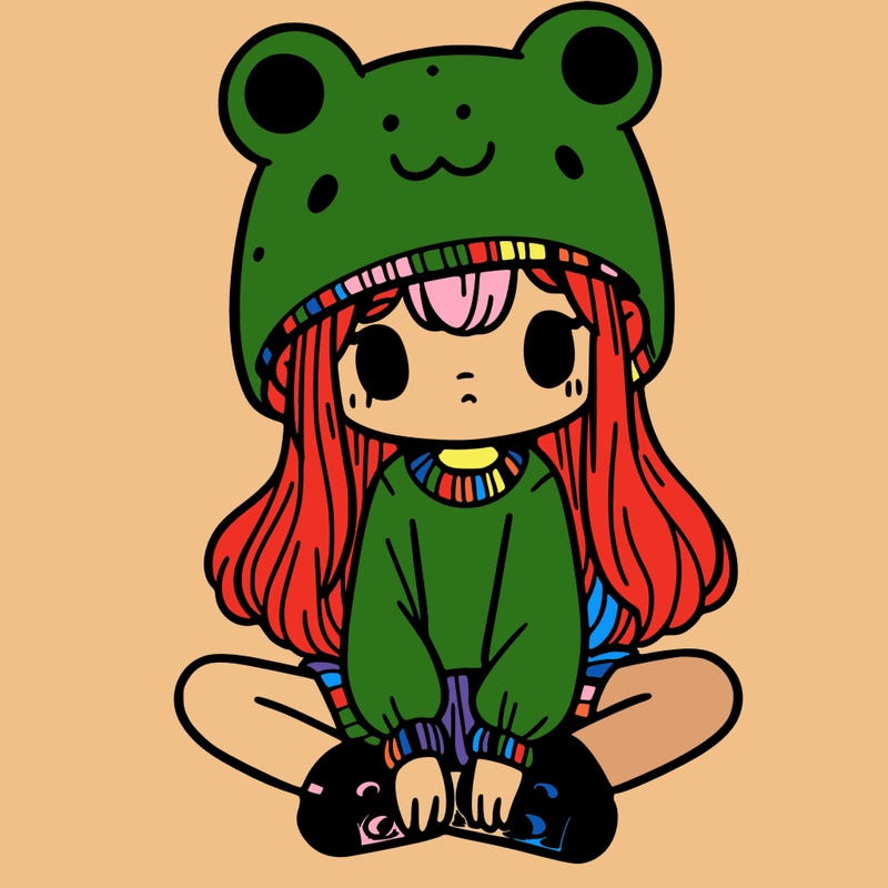 a girl wearing a frog hat and some frog socks