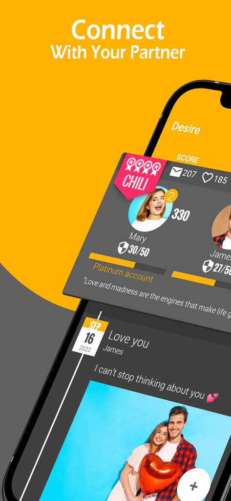 Desire - Couples Game - Interface of the Desire app showing couple profiles with levels and a private romantic journal entry with a photo