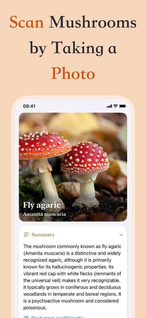 Mushroom Identifier & Forage - App interface showing how to scan a mushroom by taking a photo for instant identification and toxicity information