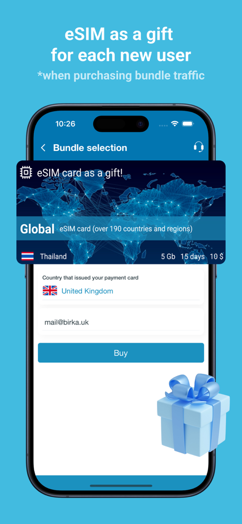 Birka Global eSIM Hub - Screenshot of Birka Global eSIM Hub app showing a gift promotion for new users and a data bundle selection screen for Thailand