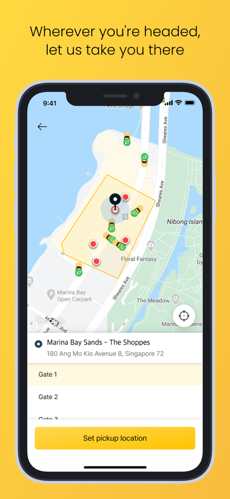 TADA ride hailing app interface showing a map of Singapore and the option to set a pickup location.