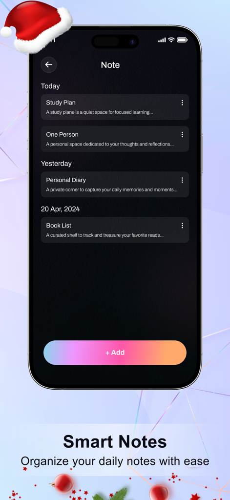 Interface of the secret notes feature in Dual Space showing a list of private organized notes like a personal diary and study plan.