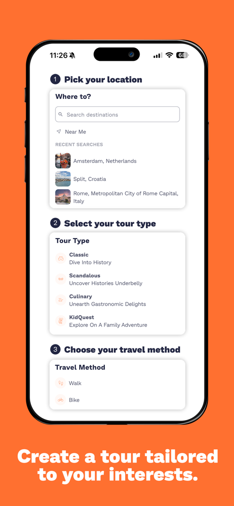 MyGuideGuru: Audio Tours - Mobile app screen showing three steps to pick a location, select a tour type, and choose a travel method for a personalized tour