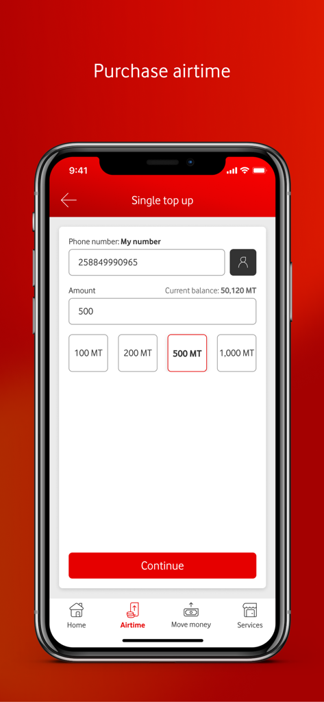 Purchase airtime screen in the My M-Pesa Mozambique app showing options for phone number and top up amount