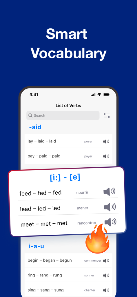 English Verbs: Learn Grammar - Pantalla de la aplicación Verbos Ingleses que muestra verbos irregulares agrupados por patrones de conjugación.