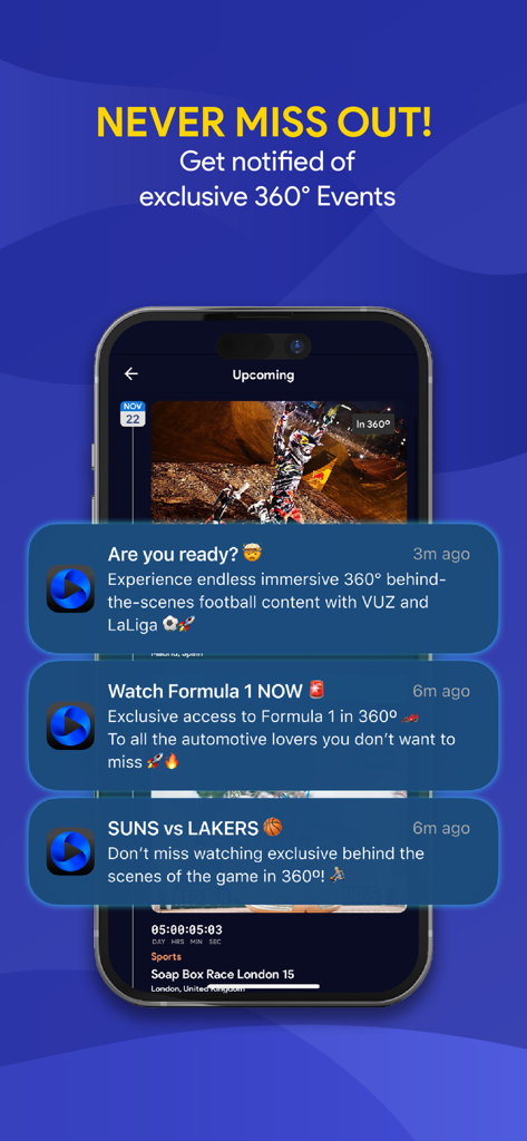 VUZ: Live 360 VR Videos - A smartphone screen showing push notifications for live 360 degree sports events like Formula 1 and NBA games on the VUZ app.
