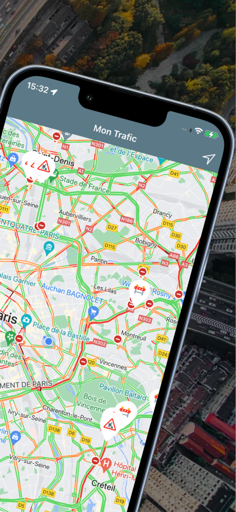 Mon Trafic - Info Circulation - パリのリアルタイム交通地図と工事アラートを表示するMon TraficアプリのiPhone画面