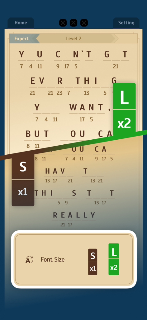 Cryptogram: Word Puzzle Master - Screenshot of Cryptogram game showing adjustable font size settings for better readability